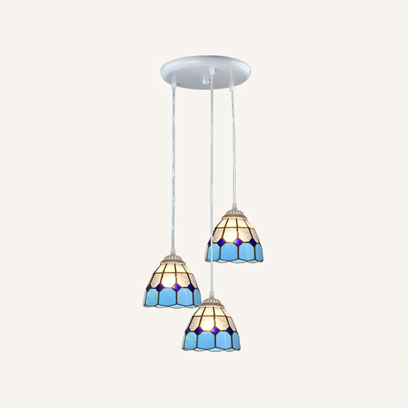 Tapered Tiffany Stained Glass Cluster Pendant Light - 3-Light Suspension Fixture White / Blue Round