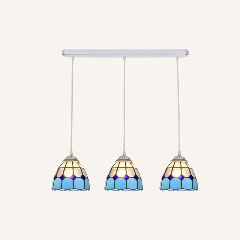 Tapered Tiffany Stained Glass Cluster Pendant Light - 3-Light Suspension Fixture White / Blue Linear