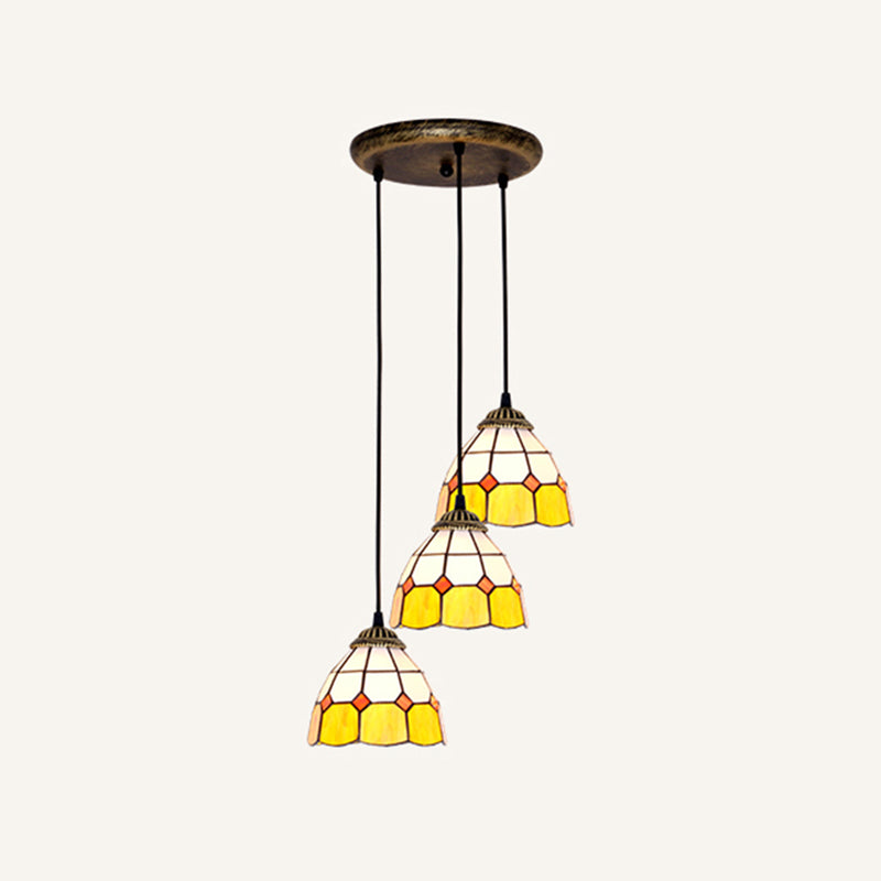 Tapered Tiffany Stained Glass Cluster Pendant Light - 3-Light Suspension Fixture Gold-Black / Yellow