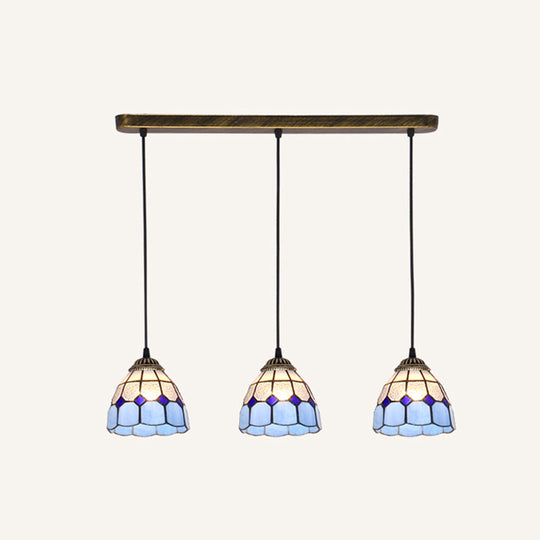 Tapered Tiffany Stained Glass Cluster Pendant Light - 3-Light Suspension Fixture Gold-Black / Blue