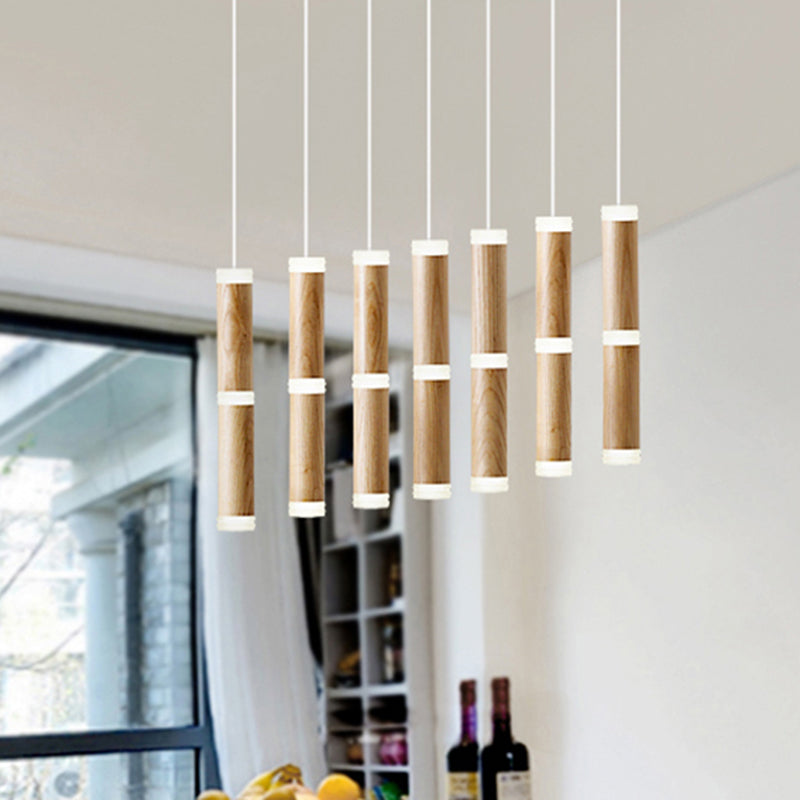 Contemporary Wooden Led Pendant Light With Micro Tube Design - 7/9-Head Cluster Ceiling Lamp For