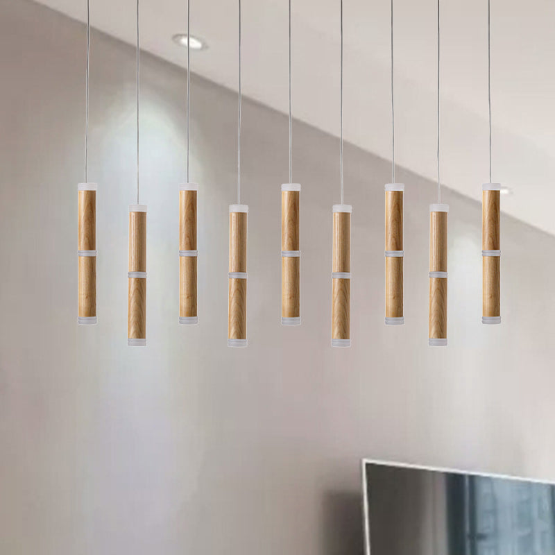 Contemporary Wooden Led Pendant Light With Micro Tube Design - 7/9-Head Cluster Ceiling Lamp For