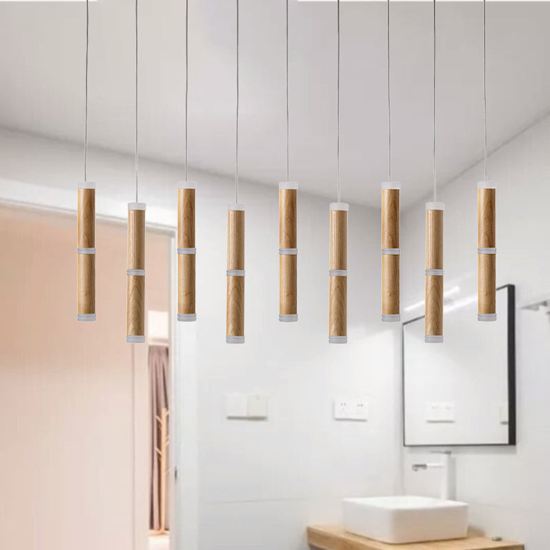 Contemporary Wooden Led Pendant Light With Micro Tube Design - 7/9-Head Cluster Ceiling Lamp For