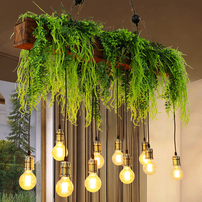 Bare Bulb Industrial Hanging Light With Faux Green Fern Deco - Set Of 10 Bulbs