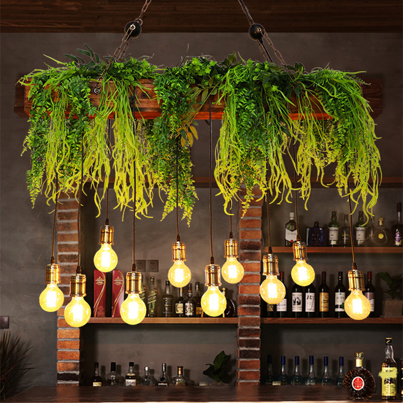 Bare Bulb Industrial Hanging Light With Faux Green Fern Deco - Set Of 10 Bulbs