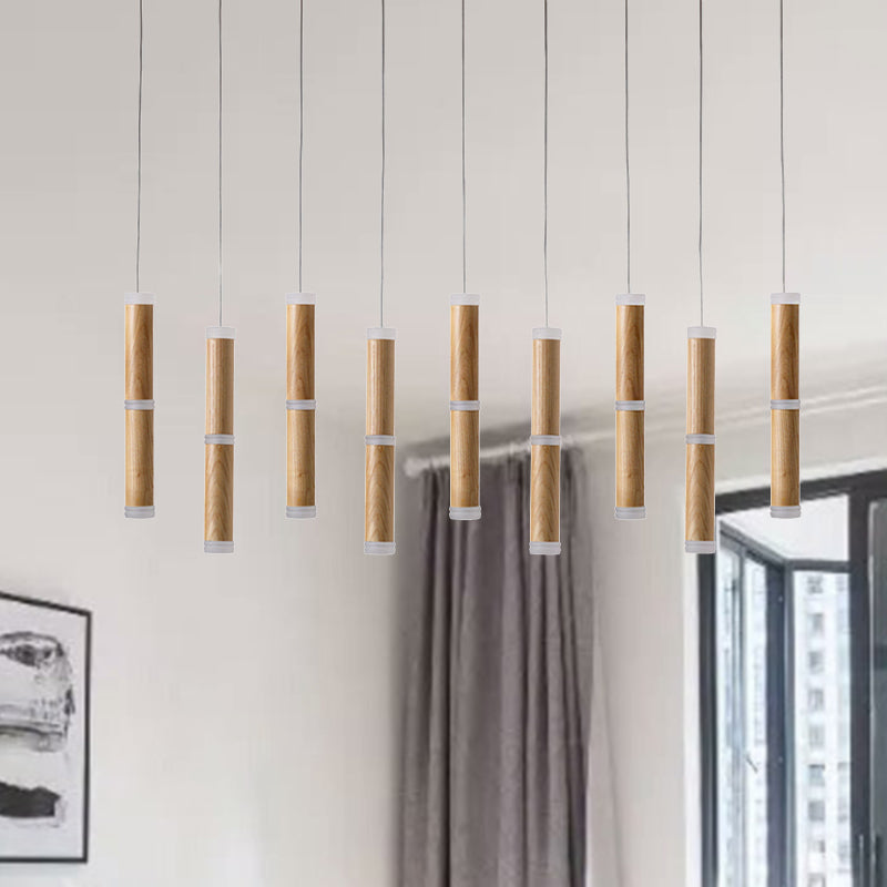 Contemporary Wooden Led Pendant Light With Micro Tube Design - 7/9-Head Cluster Ceiling Lamp For