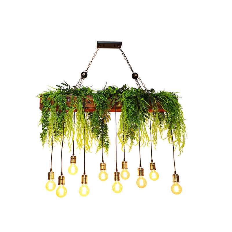 Bare Bulb Industrial Hanging Light With Faux Green Fern Deco - Set Of 10 Bulbs