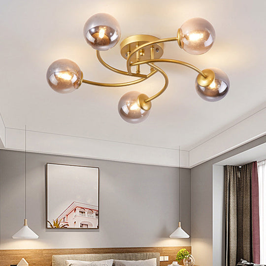 Modern Swirled Metal Semi Flush Ceiling Light with Glass Ball Shade