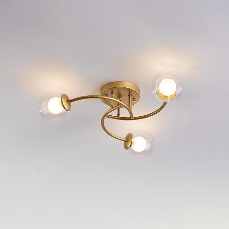 Modern Swirled Metal Semi Flush Ceiling Light With Glass Ball Shade 3 / Gold Clear