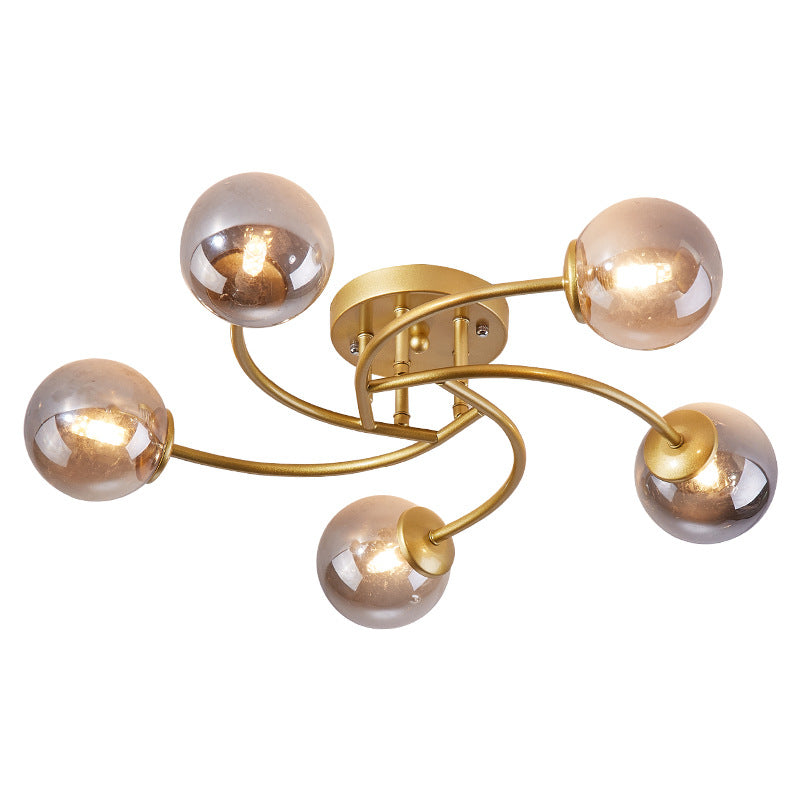 Modern Swirled Metal Semi Flush Ceiling Light With Glass Ball Shade