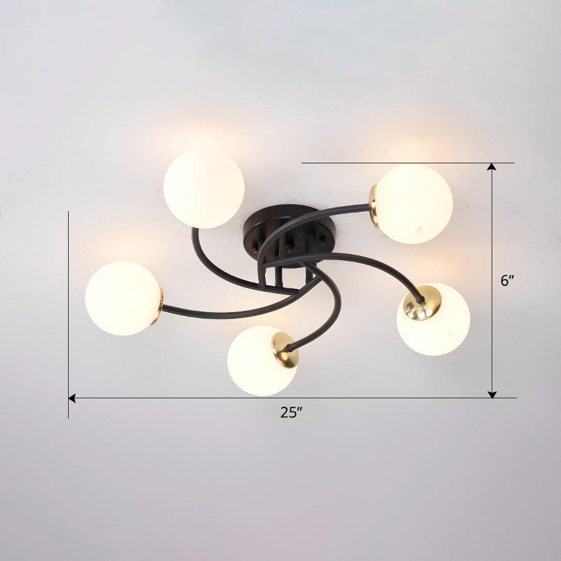 Modern Swirled Metal Semi Flush Ceiling Light With Glass Ball Shade