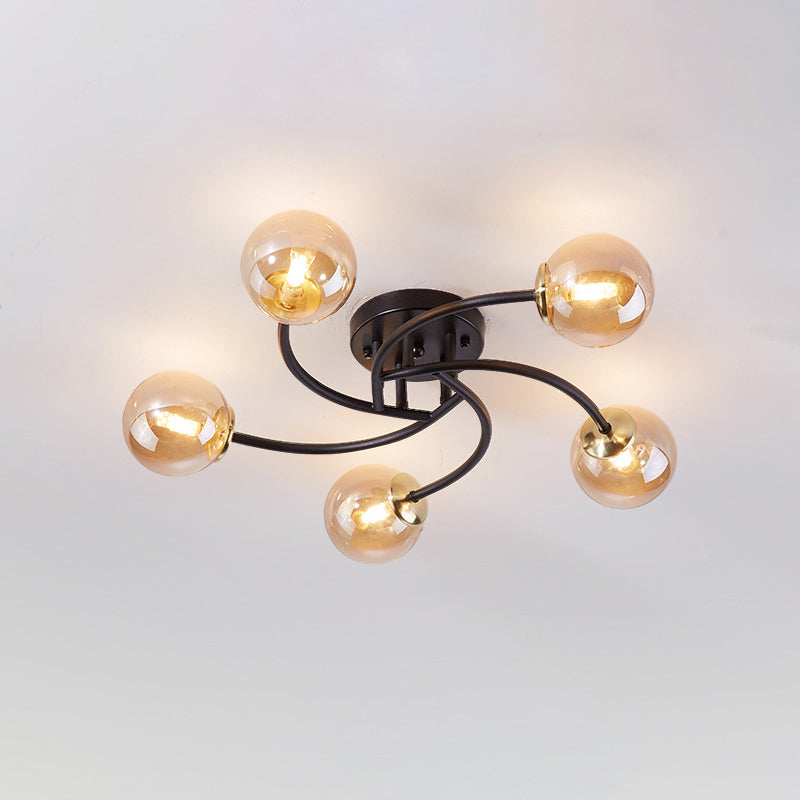 Modern Swirled Metal Semi Flush Ceiling Light With Glass Ball Shade 5 / Black Cognac