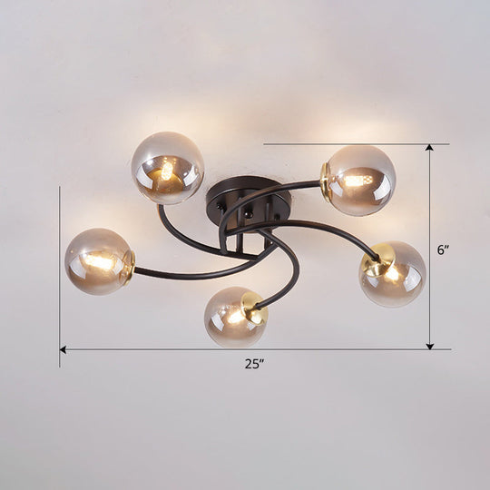 Modern Swirled Metal Semi Flush Ceiling Light with Glass Ball Shade