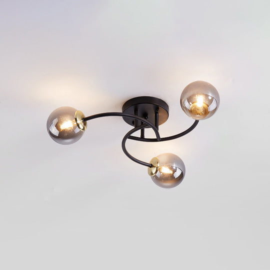 Modern Swirled Metal Semi Flush Ceiling Light With Glass Ball Shade 3 / Black Smoke Grey