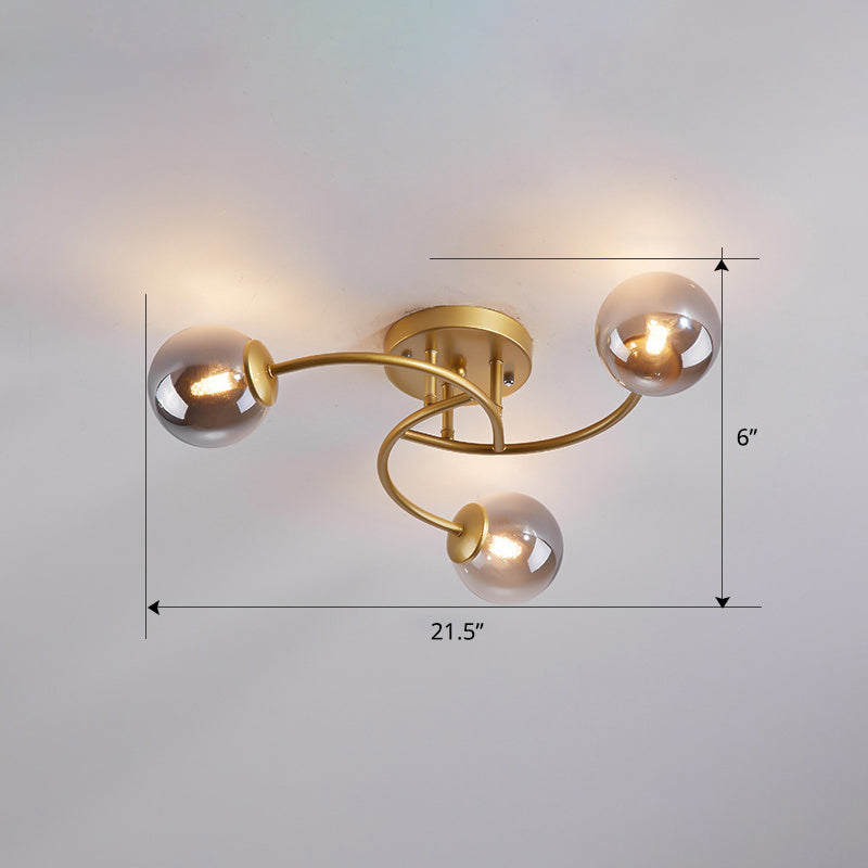 Modern Swirled Metal Semi Flush Ceiling Light With Glass Ball Shade