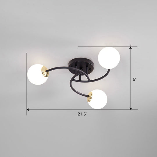 Modern Swirled Metal Semi Flush Ceiling Light With Glass Ball Shade