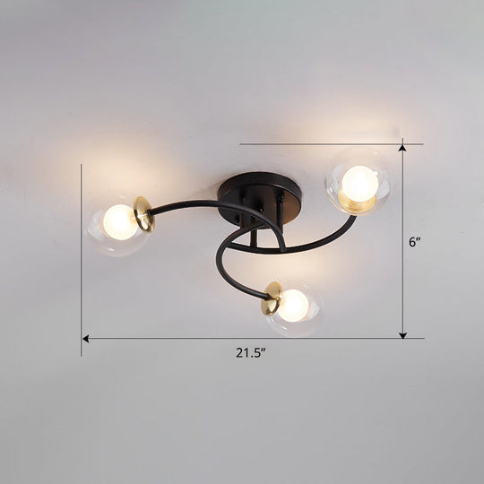 Modern Swirled Metal Semi Flush Ceiling Light with Glass Ball Shade