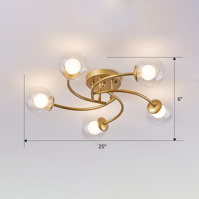 Modern Swirled Metal Semi Flush Ceiling Light with Glass Ball Shade