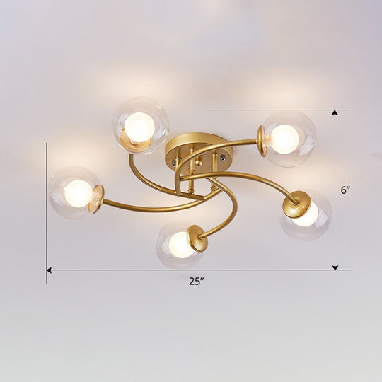 Modern Swirled Metal Semi Flush Ceiling Light With Glass Ball Shade