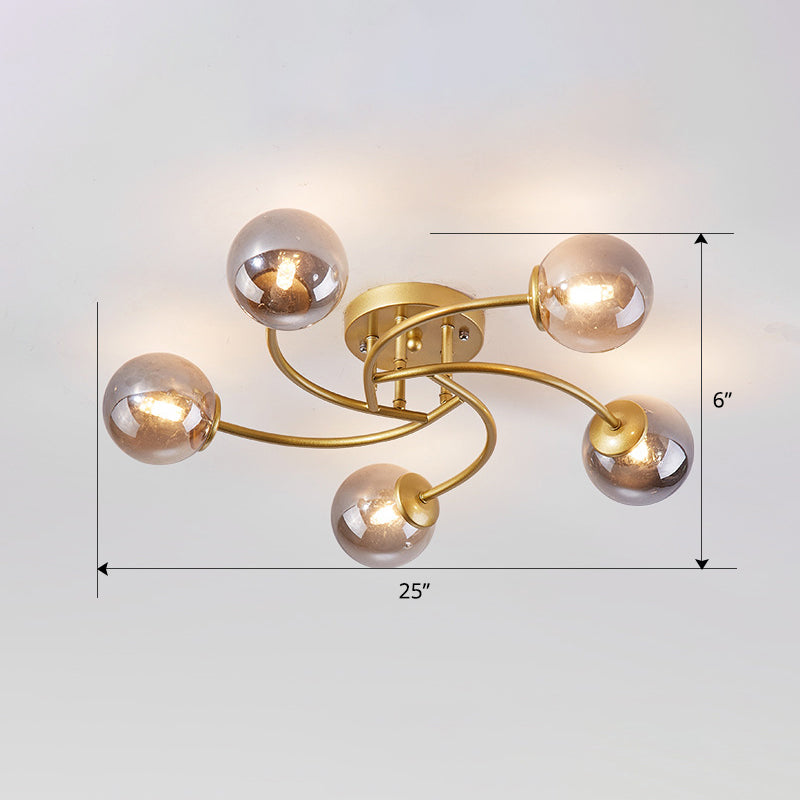 Modern Swirled Metal Semi Flush Ceiling Light with Glass Ball Shade