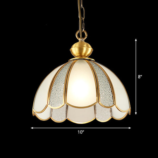 Gold Scalloped Pendant Light With Frosted Glass - Single-Bulb Traditional Hanging Fixture