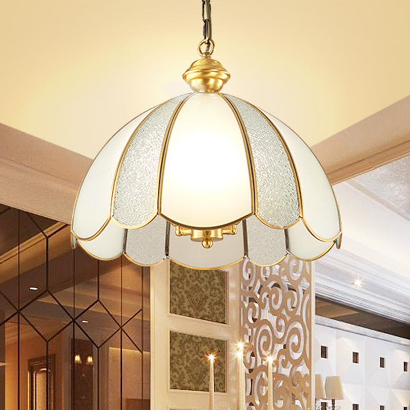 Gold Scalloped Pendant Light With Frosted Glass - Single-Bulb Traditional Hanging Fixture