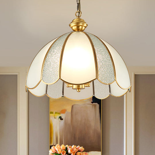 Gold Scalloped Pendant Light With Frosted Glass - Single-Bulb Traditional Hanging Fixture