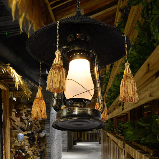 Rustic Opal Glass Kerosene Ceiling Lamp With Tassel And Cone Hat Top - Black 1 Bulb Aisle Hanging