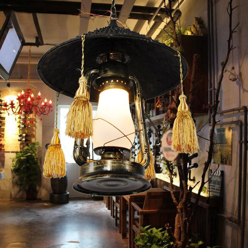 Rustic Opal Glass Kerosene Ceiling Lamp with Tassel and Cone Hat Top