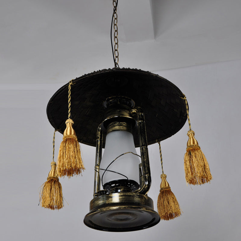 Rustic Opal Glass Kerosene Ceiling Lamp with Tassel and Cone Hat Top