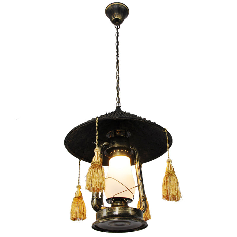 Rustic Opal Glass Kerosene Ceiling Lamp with Tassel and Cone Hat Top