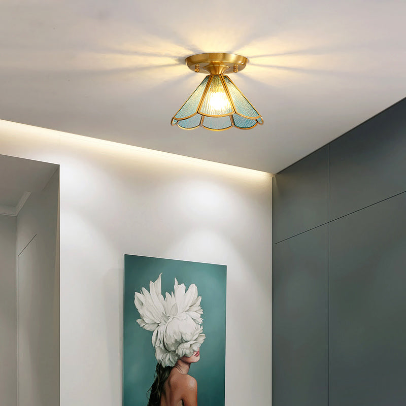 Tiffany Floral Semi Mount 1-Light Glass Ceiling Flush Light in Brass - Ideal for Hallway Décor