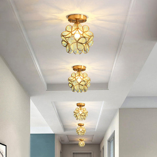 Tiffany Floral Semi Mount 1-Light Glass Ceiling Flush Light in Brass - Ideal for Hallway Décor