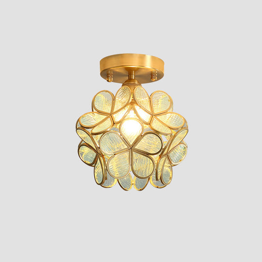 Tiffany Floral Semi-Mount 1-Light Ceiling Flush Light In Brass Perfect For Hallway Décor Blue