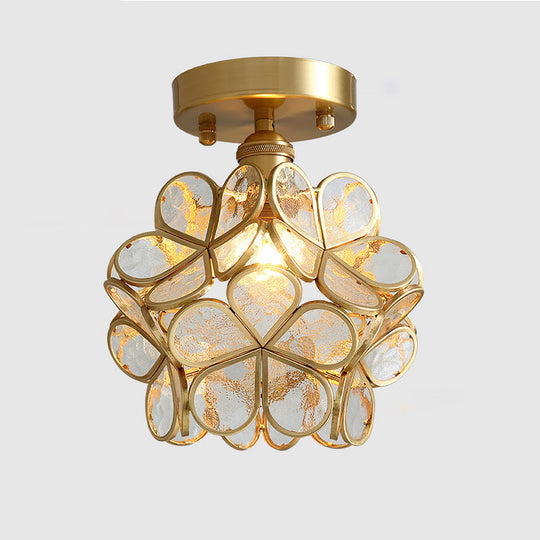 Tiffany Floral Semi Mount 1-Light Glass Ceiling Flush Light in Brass - Ideal for Hallway Décor