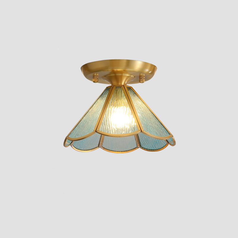 Tiffany Floral Semi-Mount 1-Light Ceiling Flush Light In Brass Perfect For Hallway Décor Blue