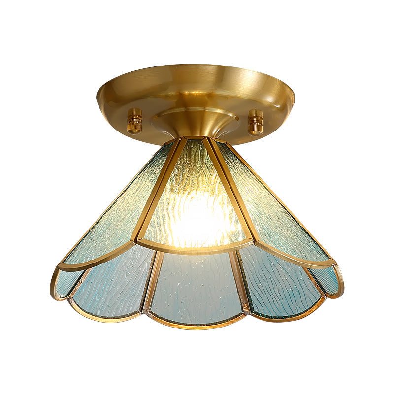 Tiffany Floral Semi Mount 1-Light Glass Ceiling Flush Light in Brass - Ideal for Hallway Décor