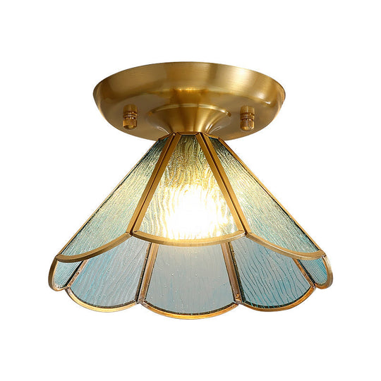 Tiffany Floral Semi-Mount 1-Light Ceiling Flush Light In Brass Perfect For Hallway Décor