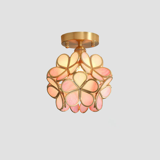 Tiffany Floral Semi-Mount 1-Light Ceiling Flush Light In Brass Perfect For Hallway Décor Pink