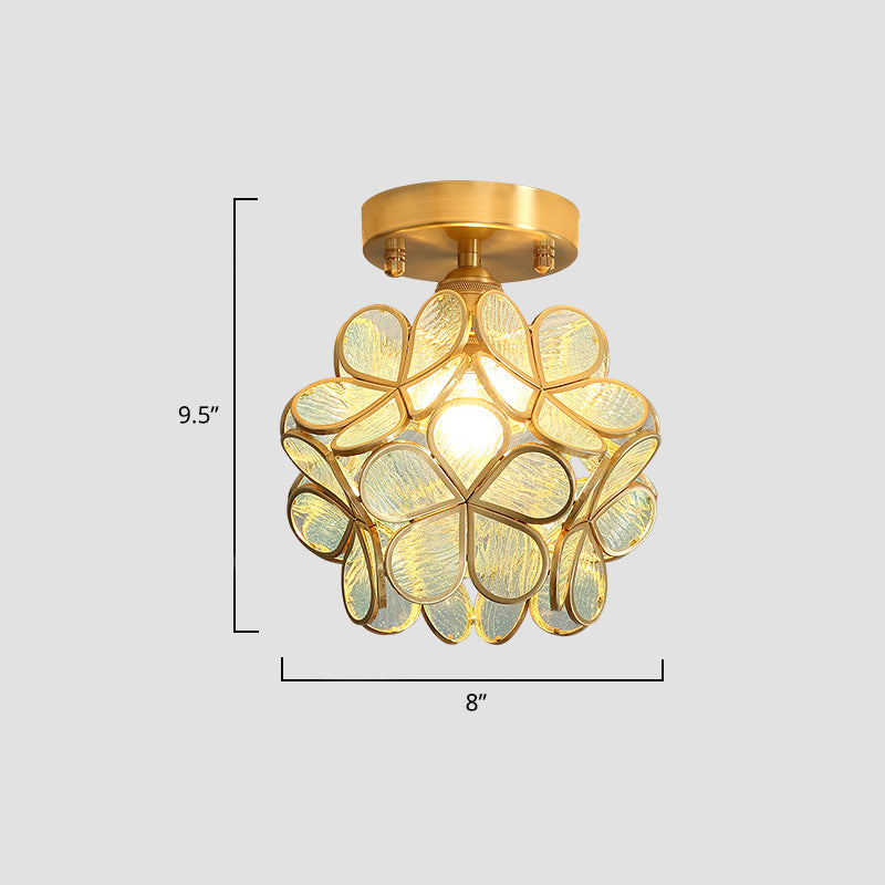 Tiffany Floral Semi Mount 1-Light Glass Ceiling Flush Light in Brass - Ideal for Hallway Décor