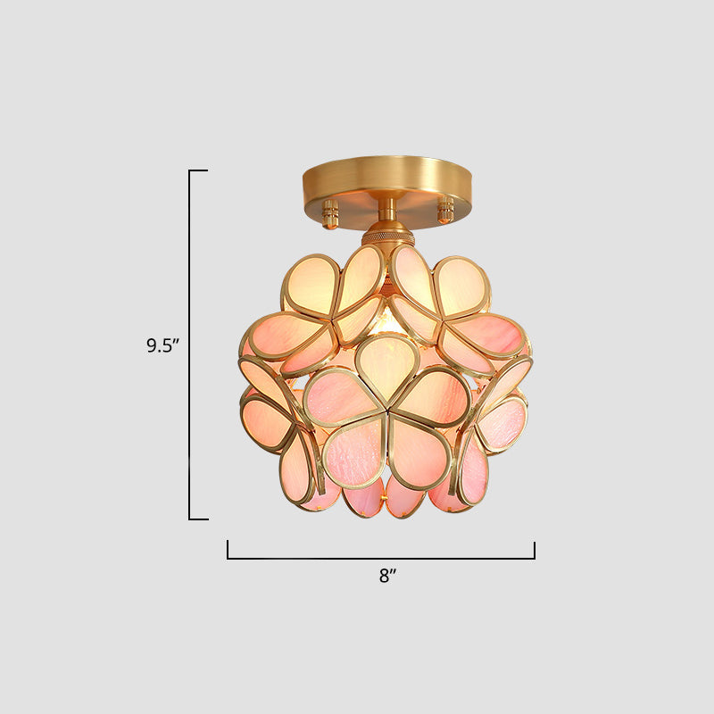 Tiffany Floral Semi Mount 1-Light Glass Ceiling Flush Light in Brass - Ideal for Hallway Décor