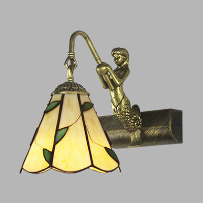 Antique Brass Tiffany Sconce Light With Cone Glass Shade For Bathroom Wall