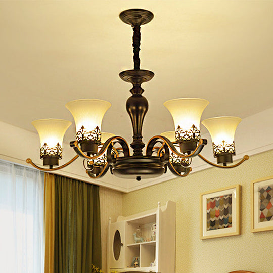 Traditional Bell Frosted Glass Chandelier Pendant Light For Living Room - Black 3/6/8 Lights 6 /