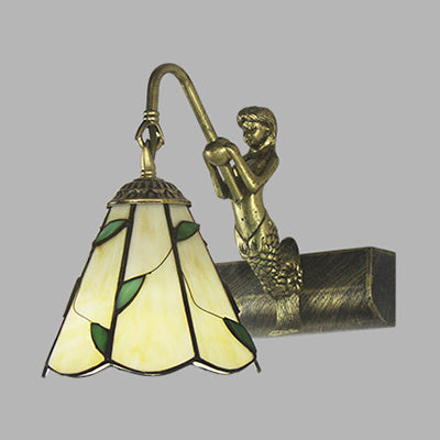 Antique Brass Tiffany Sconce Light With Cone Glass Shade For Bathroom Wall