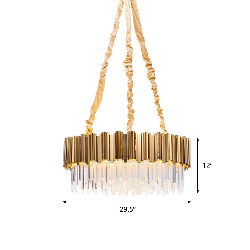 Gold Drum Shaped Crystal Icicles Pendant Chandelier, 10/15-Bulb Postmodern Hanging Light, 21.5"/28" Dia