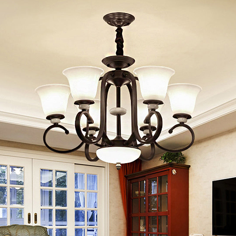 Traditional Bell Pendant Light: 3/6/8 Lights Frosted Glass Dark Coffee Finish