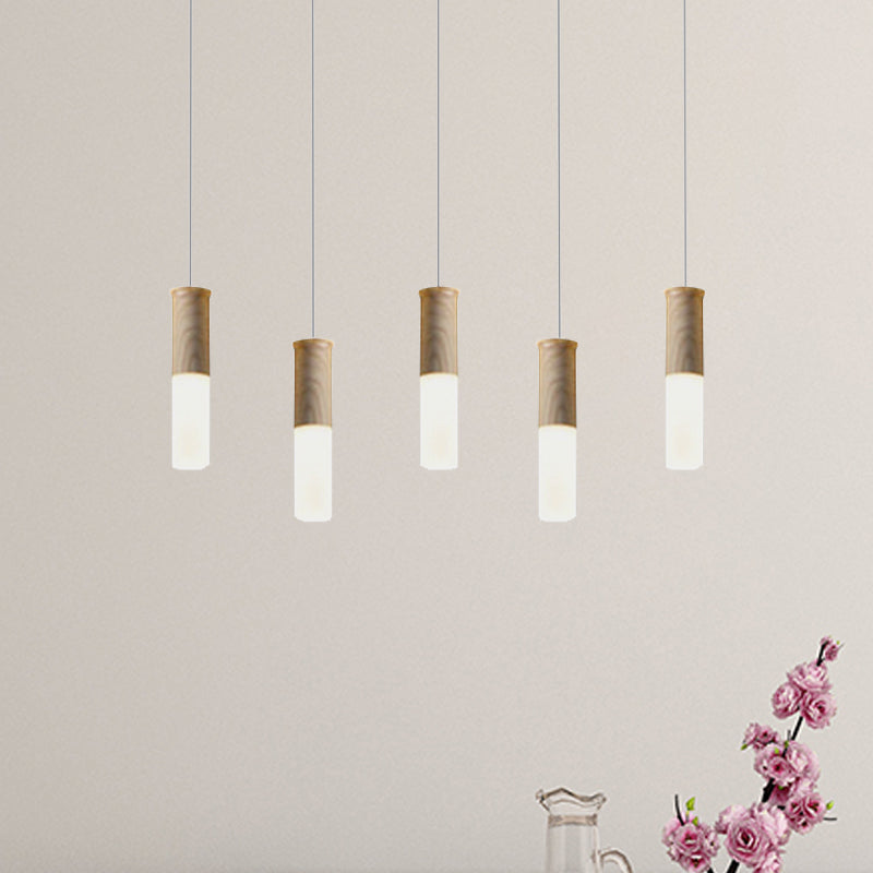 Contemporary Led Pendant Light With Wood Tubular Design For Kitchen Ceiling - Choose 1 5 7 Or 9