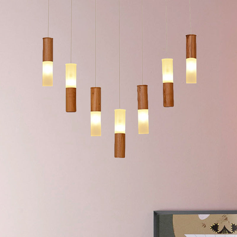 Contemporary Led Pendant Light With Wood Tubular Design For Kitchen Ceiling - Choose 1 5 7 Or 9