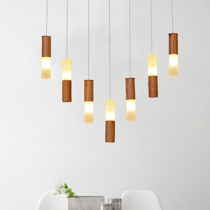 Contemporary Led Pendant Light With Wood Tubular Design For Kitchen Ceiling - Choose 1 5 7 Or 9