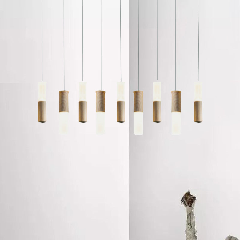 Contemporary Led Pendant Light With Wood Tubular Design For Kitchen Ceiling - Choose 1 5 7 Or 9